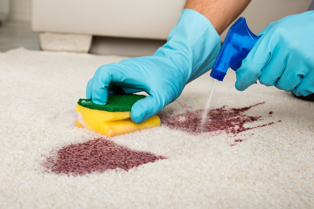 A person in blue gloves cleans a red wine stain on a beige carpet using a sponge and a spray bottle.